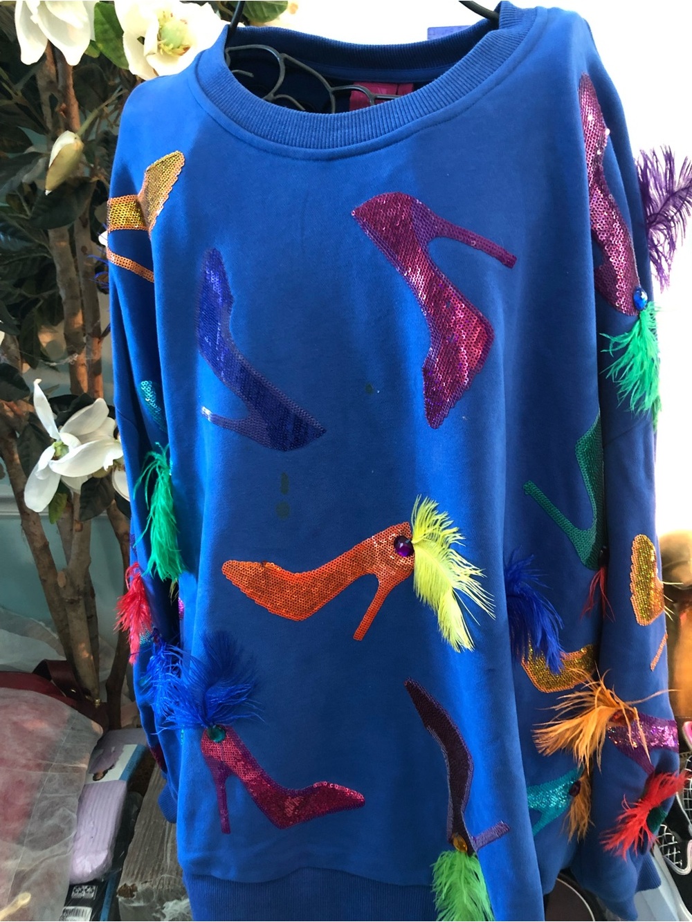 QUEEN OF SPARKLES 💖 Royal Blue Sequin High-Heel Feather Sweater